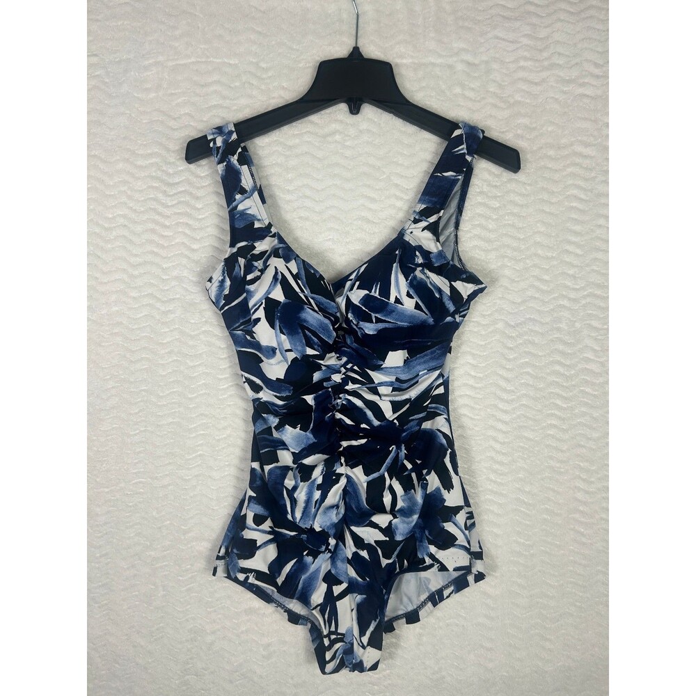 Rose Marie Reid One-Piece Swimsuit Womens Sz M Blue Floral Ruched Retro CoastaL